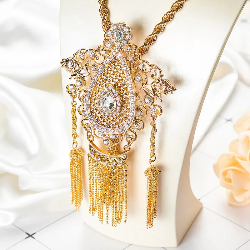 Fatima Algerian Wedding Bride Crystal Necklace Thick Tassel Sweater Chain Arab Caftan Gold Color Necklace Jewelry Free Shipping
