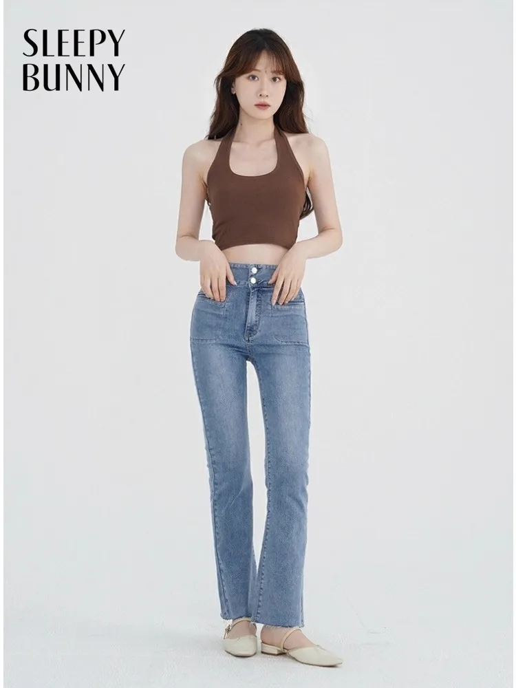 

Women Slim Fit High-Waist Denim Jeans Stretchy Lady Long Pants Stylish Straight-Leg Design Casual Trousers Daily Fashion Wear