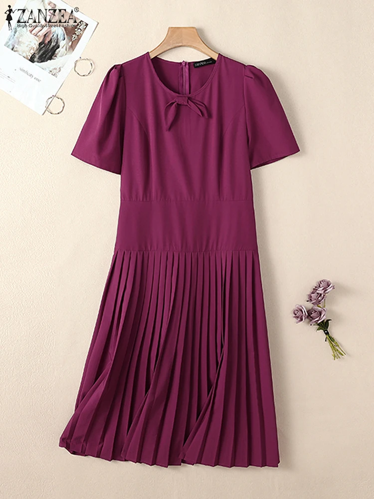 ZANZEA Korean Fashion Elegant A-line Robes Pleated O Neck Solid Women Knee-length Dress Waist-Cinched Short Sleeve Party Dress