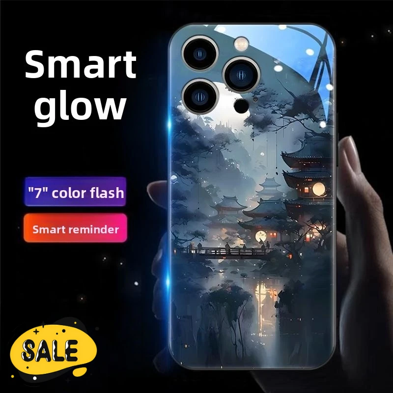 

Moonlit Elegant Pavilion LED Light Glass Shockproof Phone Case for Iphone 15 14 13 12 11 Pro Max Xr Xs Max 8plus Protector Cover