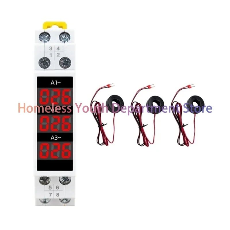 Din Rail Mount 3 Phase Ampere Meter Mini Modular Current Meter Gauge Indicator LED Digital Display Detector Ammeter