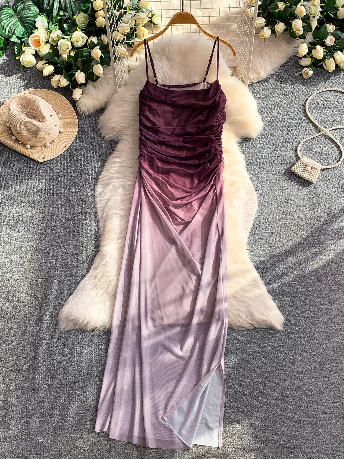Elegant Sexy Strapless Long Dress Women's Summer Gradient Mesh Slimming Split Skirt City Commuting Style No Brand A-Line Dress