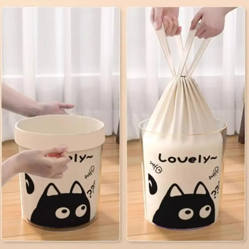 50Pcs/Roll 45x45cm Cute Cat Fishbone Printed Tear-Free Drawstring Trash Bags Disposable Garbage Bags