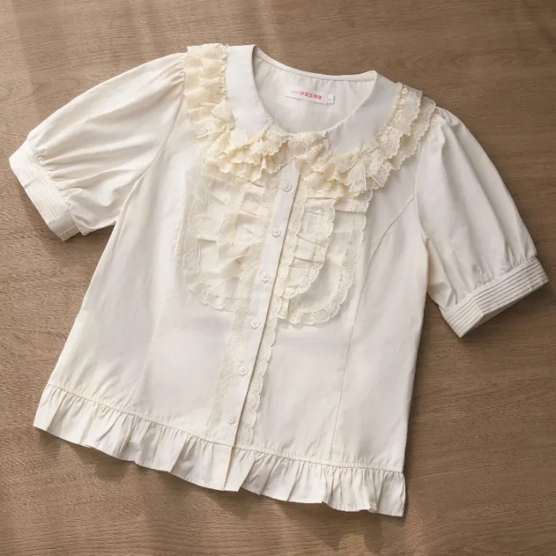 Blusas de encaje Kawaii con cuello Peter Pan para Mujer, camisas estilo victoriano Vintage de estilo Lolita, Blusas japonesas elegantes con mangas abullonadas para Mujer