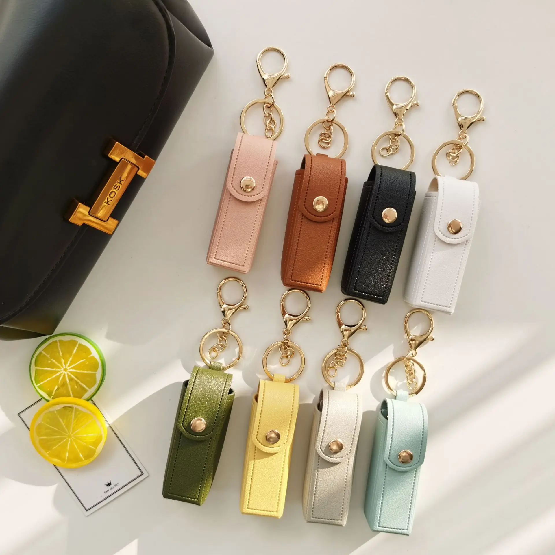 Fashion Leather Keychain with Mirror, Trendy Mini Pouch