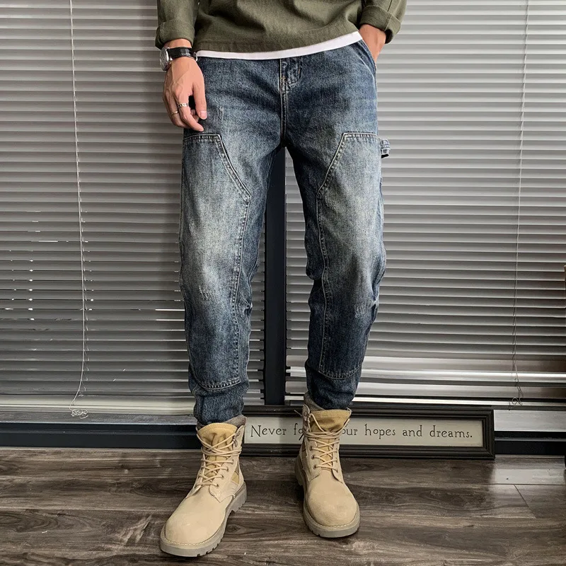 Men\'s Straight Tube Loose Streetwear Baggy Jeans Casual Small Foot Denim Cargo Pants Men Fashion Design Trousers Male Clothing