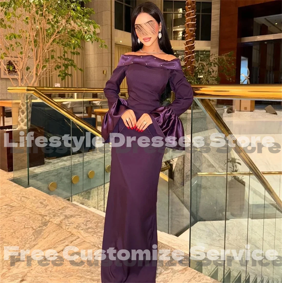 Maßgeschneidertes Satin-Lila-Perlen-Abendkleid mit langen Ärmeln, Saudi-Damen, süßes formelles Partykleid, Hochzeits-Abschlussballkleid