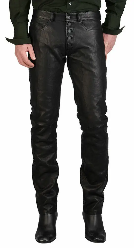 

Leather Pants Men Men's Trousers Pant Real Jeans Size Trouser Biker Fit Black 34