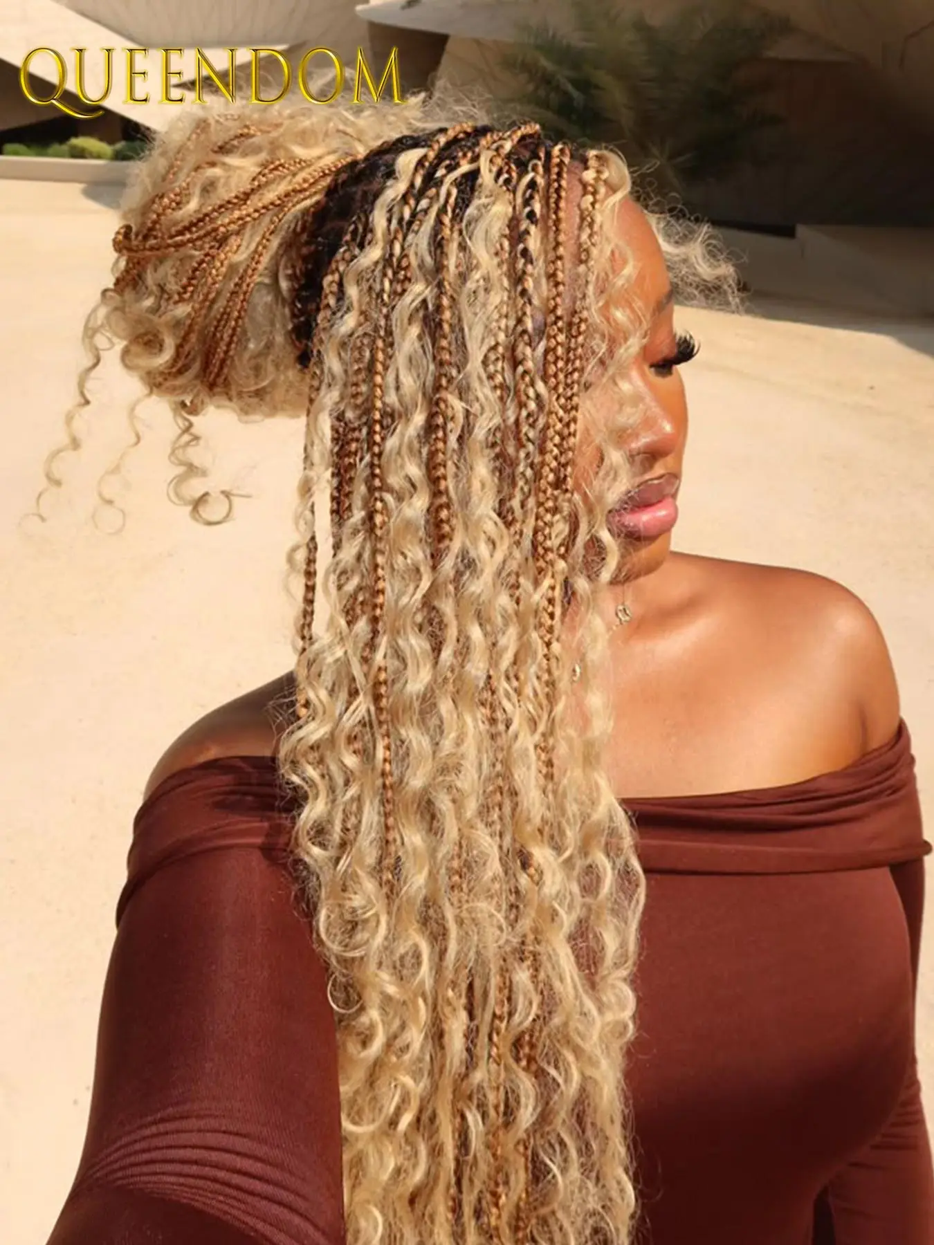 

32 Inch Synthetic Full Lace Bohemian Braid Wig Box Braids Goddess Wig With Curly Hair Ombre Blonde Back School Braided Wigs