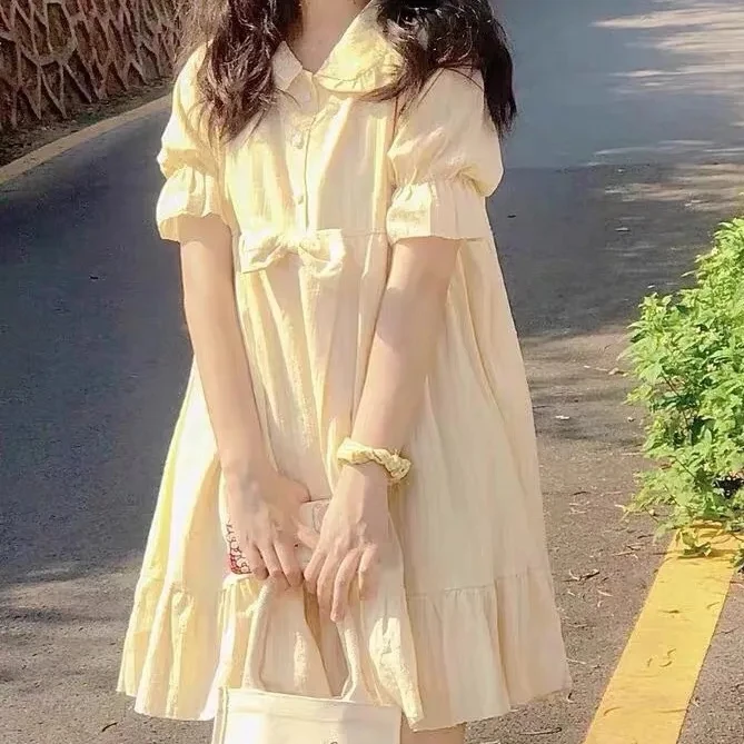 

Bubble sleeves milk yellow dress for summer women 2024 new small first love sweet and slim doll neck dress