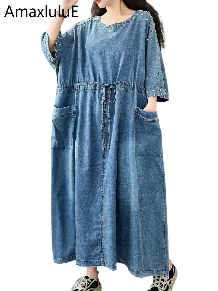 

Amax LuluE 2026: Модные женские платья в корейском стиле, винтажные свободные джинсовые платья-жилетки, классическая летняя одежда с круглым вырезом для женщин