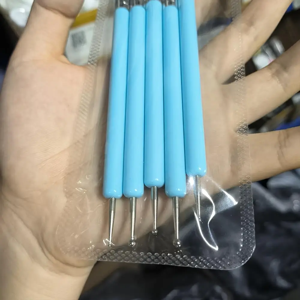 5 sztuk/zestaw Niebieski Silikonowy Pisak do Zdobienia Paznokci z Podwójną Końcówką 2w1 do Rzeźbienia Kwiatów i Nakładania Cyrkonii, Pędzel do Paznokci DIY do Rysowania i Modelowania