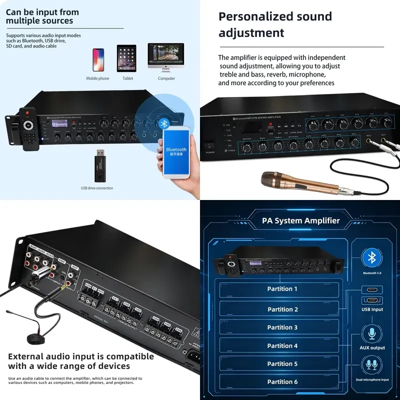 PA System 6 Zone Amplifier Remote Control Independent Zone Playback USB Dual Mic Constant Voltage Public Address Amp