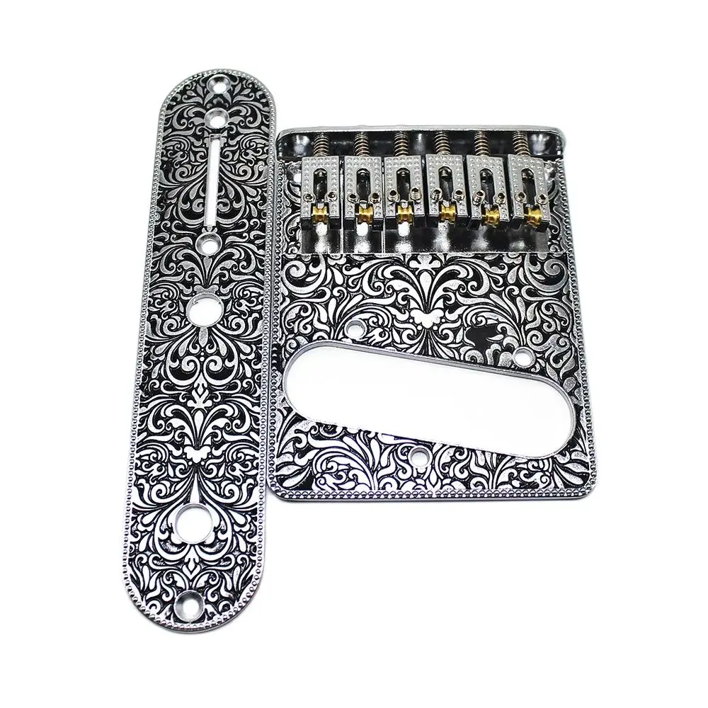 6 String Roller Saddle Bridge and Control Plate for TL Electric Guitar with Carving Decorative Pattern Strings Through Bridge