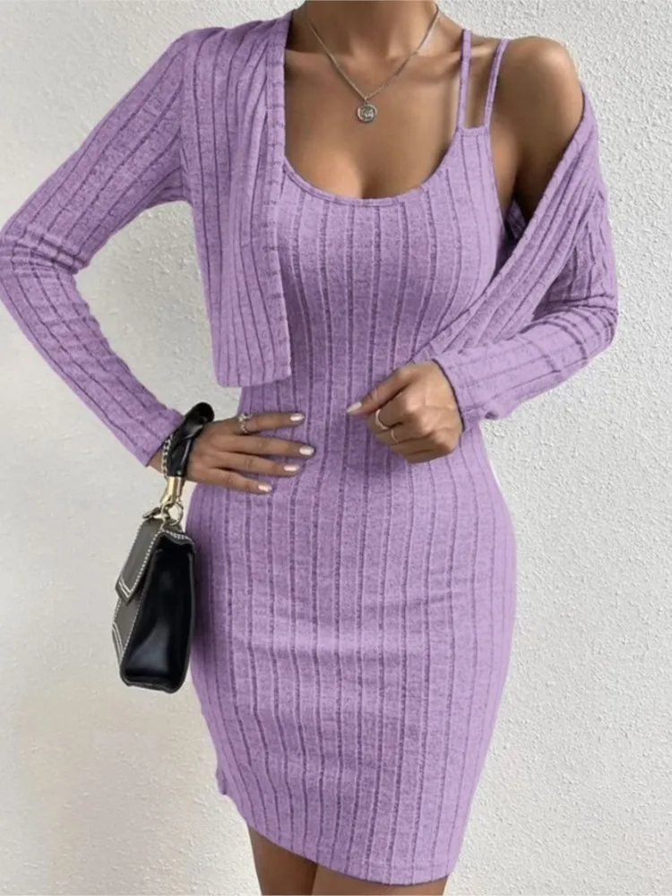 Elegant Women Slim Mini Dress 2 Piece Sets Autumn Ribbed Double Strap Bodycon Sleeveless Vest Dress & Long Sleeve Cardigan Set