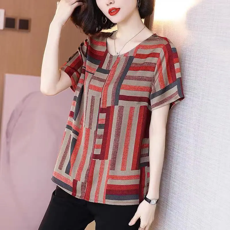 Vintage Contrast Loose T Shirts Summer New Short Sleeve Irregular Printing Plus Size Tops Tees Casual Fashion Women Clothing