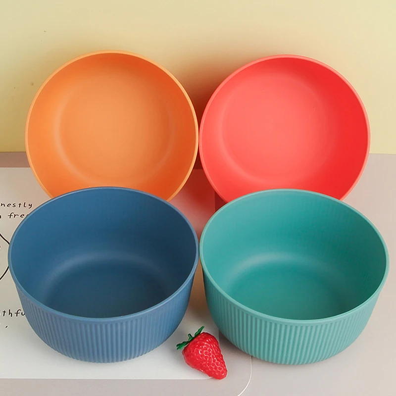 Wheat Straw Salad Bowl 15cm Vertical Grain Big Round Bowls Thick Heat-resistant Household Rice Bowl Soup Bowl Plastic Container image 2