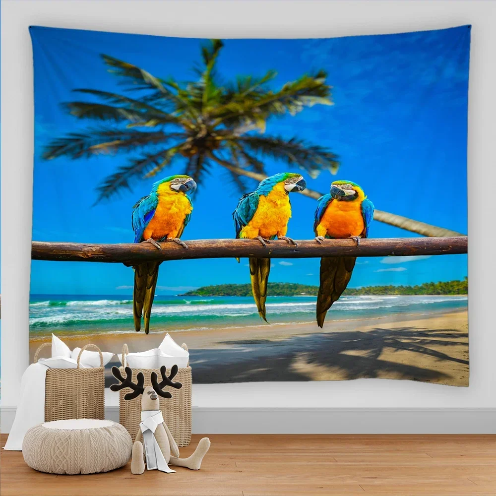 Cute compact parrot bird decorative tapestry green plants leaves wall hanging art aesthetic room living room home decoration