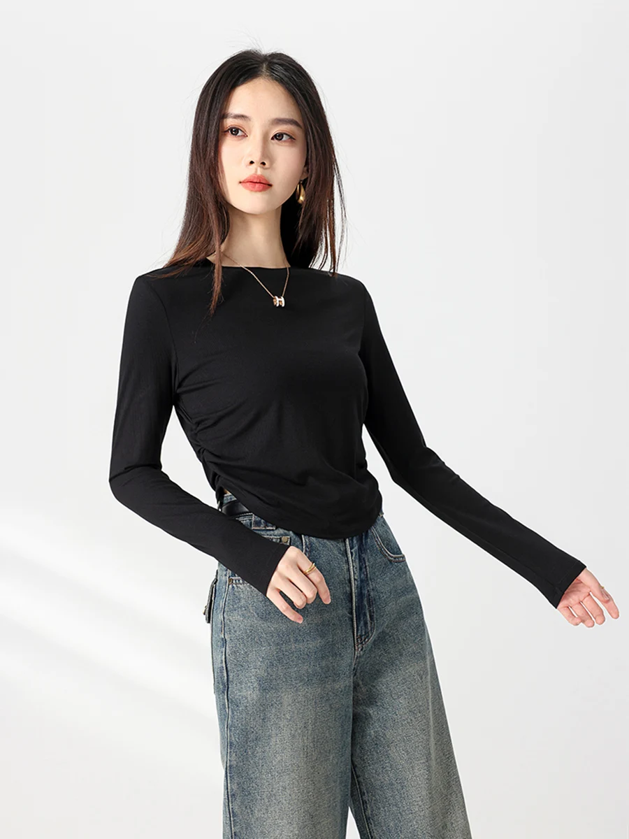 SuyaDream,Women Crop Top, Silk Viscose Blend, Long Sleeved, High Waisted Fashionable Tee,2024 SummerCozy Top, Black White