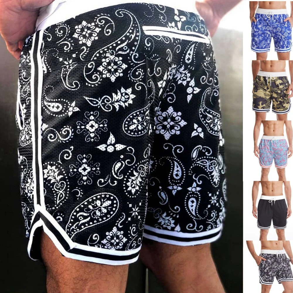 Mens Paisley Shorts Summer Breathable Jogger Workout Training Gym Bodybuilding Running Fitness Shorts With Phone Zipper Pockets