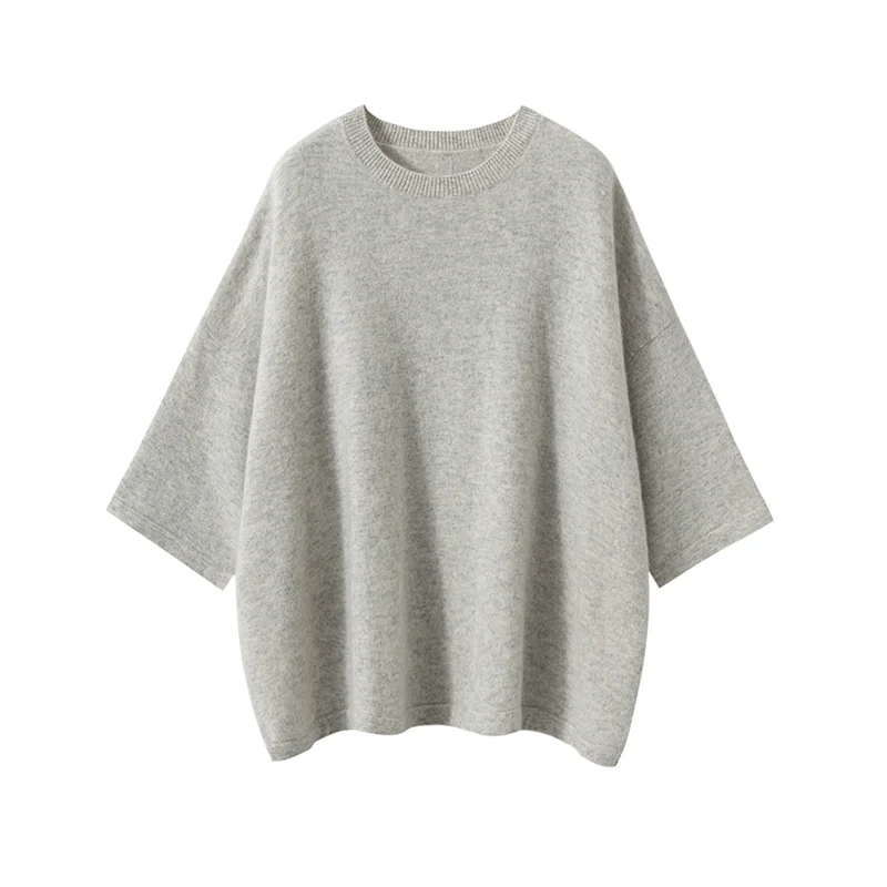 Feminino 100% camisola de caxemira 2025 nova manga curta pulôver de malha o-pescoço pulôver camisa roupas da menina solta tamanho grande topo