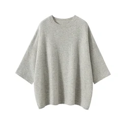 Women 100% Cashmere Sweater 2025 New Short Sleeve  Knitted Pullover O-Neck Pullover Shirt Girl Clothes  Loose Large Size Top