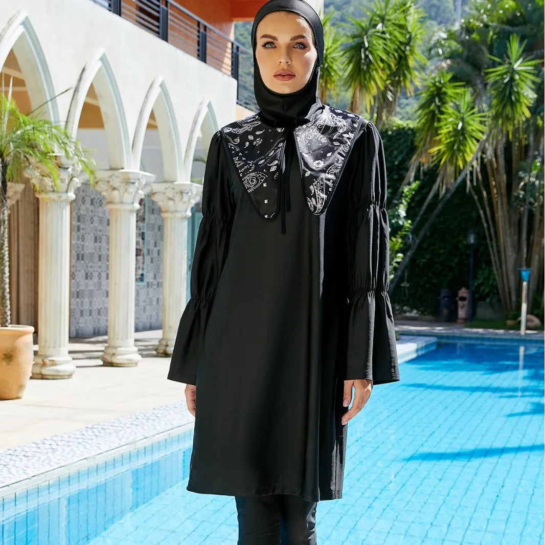 Modest Burkinis Wear 2026 Muslim Women Full Cover Swimwear Black Swimsuit Islamic Hijab Bathing Suit 3 Pieces Set Beachwear Robe