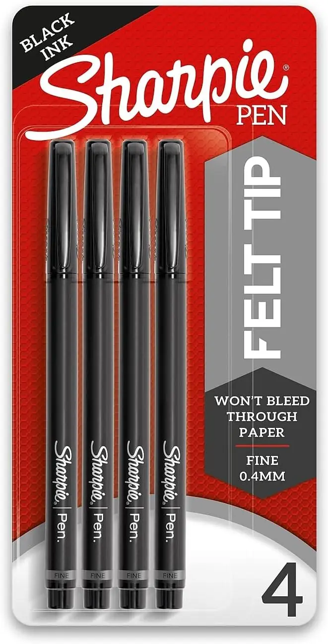 

Sharpie Felt Tip Pens, Fine Point (0.4mm), Black, 4 Counts - Art Markers, Journaling, Drawing, Office School Supplies, Black Pen, Marker