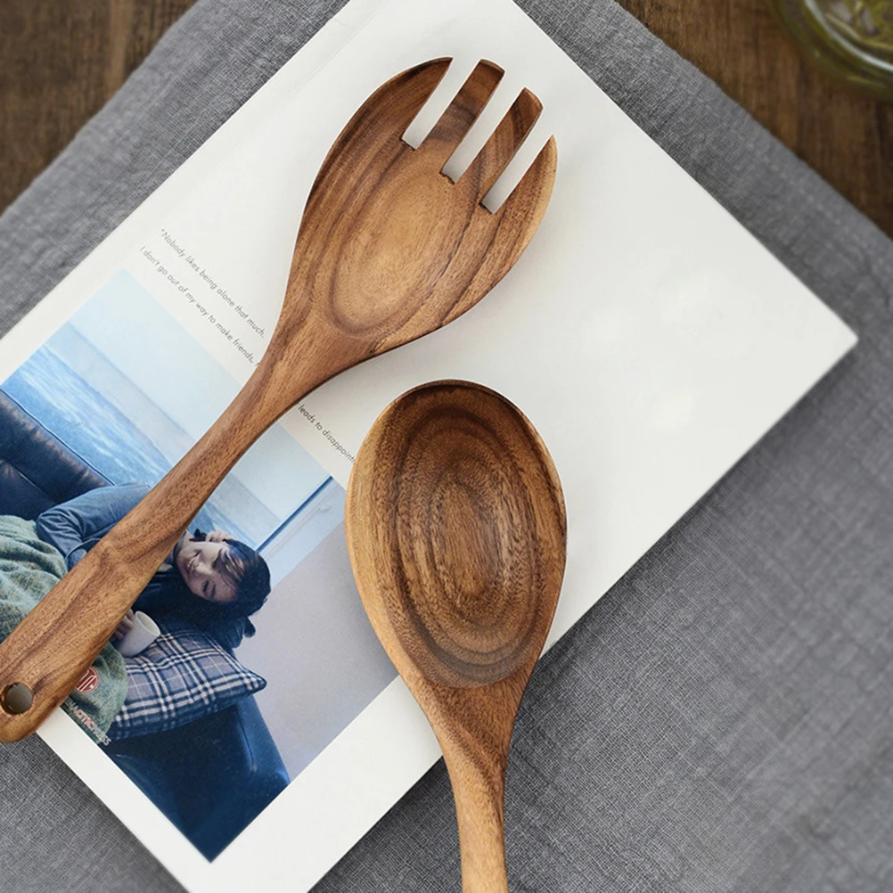 

2pcs Wooden Salad Fork Spoon Set Solid Wood Tableware for Picnics School Lunches Daily Meals Dinner Forks Wood Salad Servers