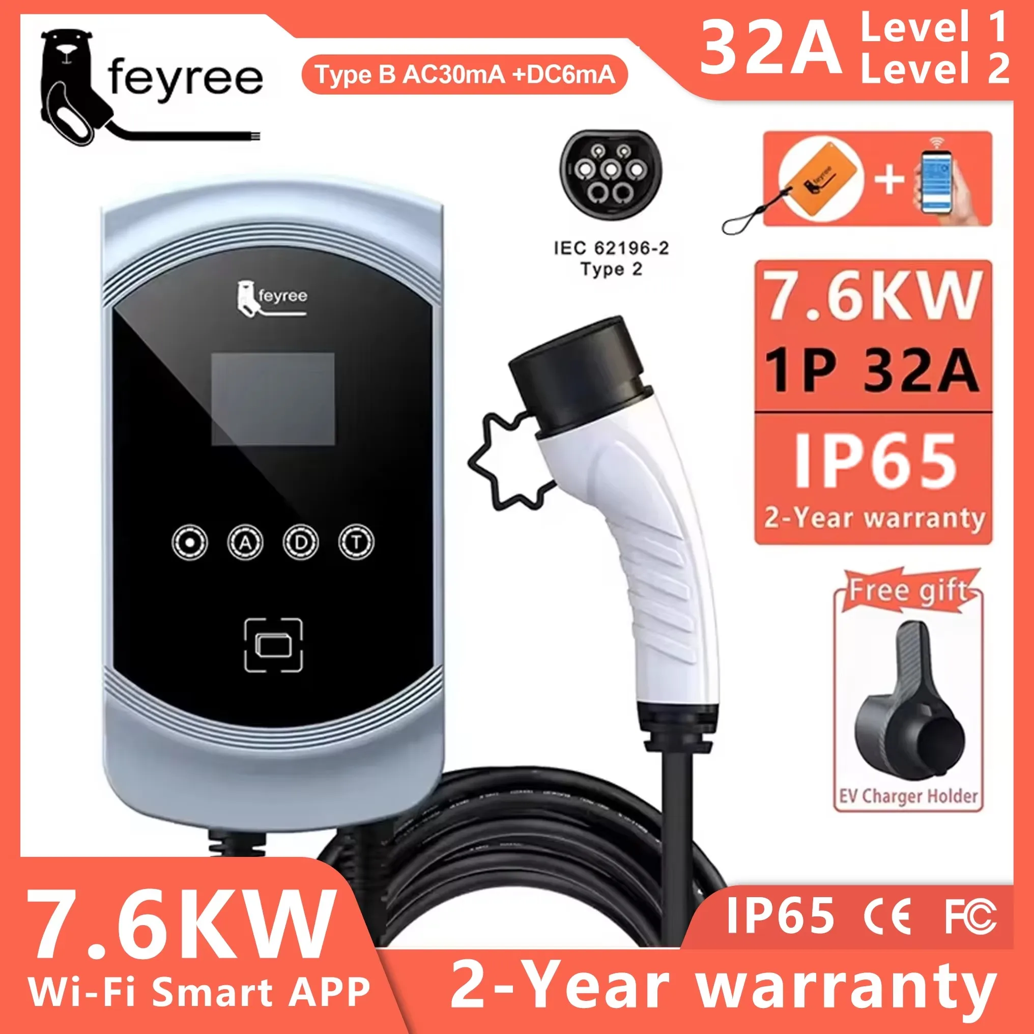 feyree EV Charger 32A 7.6KW Type2 Cable Car Charger EVSE Wallbox 11KW 22KW 3Phase IEC62196-2 Socket APP Control for Electric Car