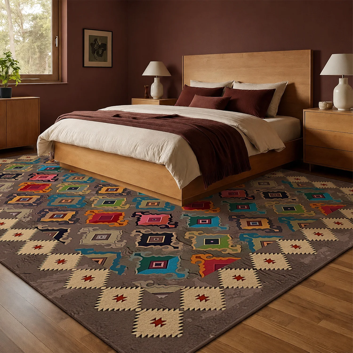 Large Indoor Area Rug, Soft Velvet Low Pile, Non-slip Dotted Backing, Machine Washable Bohemian Tribal Geometric Pattern, Ideal for Living Room, Bedroom, Warm Taupe Base with Colorful Motifs Home Floor Decor