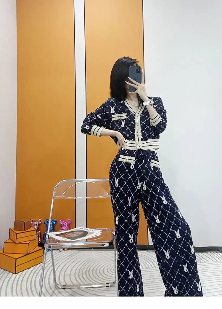 Nowa jesienna dzianinowa damska garnitur moda z dzianiny Socialite V-neck sweter krótki Top + spodnie szerokie nogawki zestawy dwuczęściowy strój