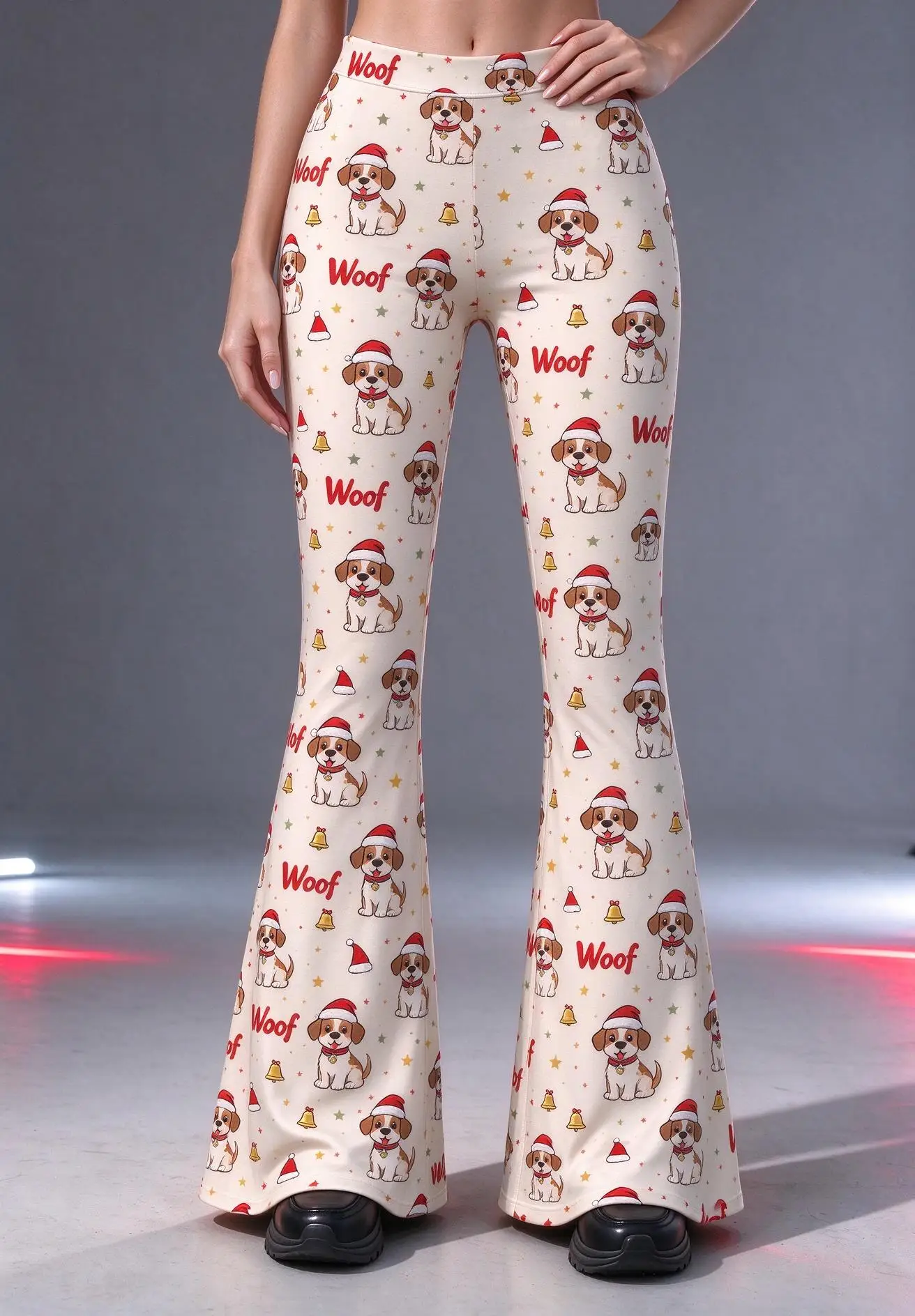 Women Mid Rise Skinny Flare Pants Christmas Snowman Let It Snow Heart Print Cream Stretch Bell Bottom Trousers