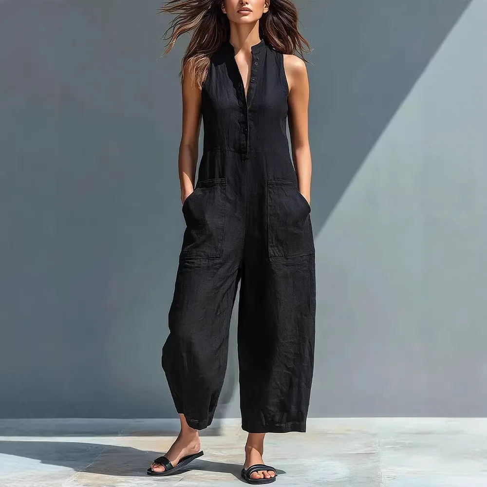 

Cotton And Linen Jumpsuit Women Stand Collar Sleeveless Pocket High Waist Wide Legs Jumpsuits Casual Commuting Ladies Bodysuits