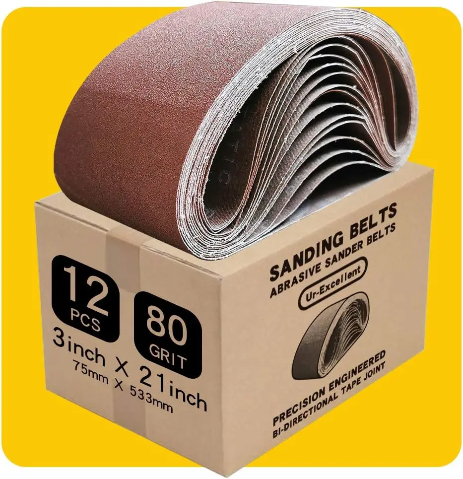 

3x21 Inch 80 Grit Sanding Belt, Premium Aluminum Oxide, 12 Pack for Sander