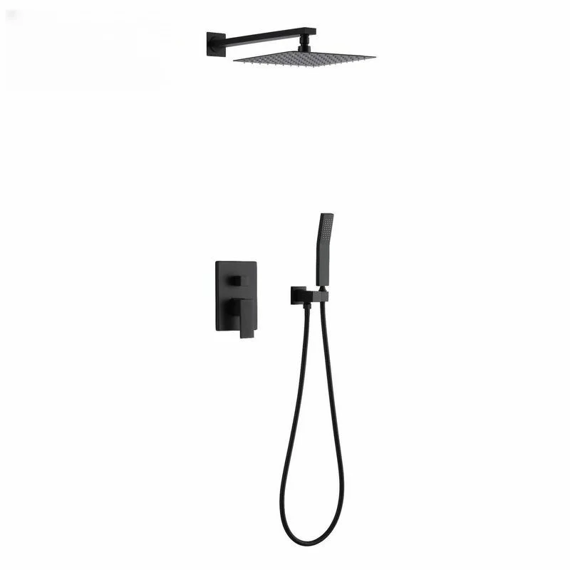 #￥Modem 10 Inch Concealed Square Shower Faucet Black Brass Single Handle 2 Functions Bathroom Rain Shower Set