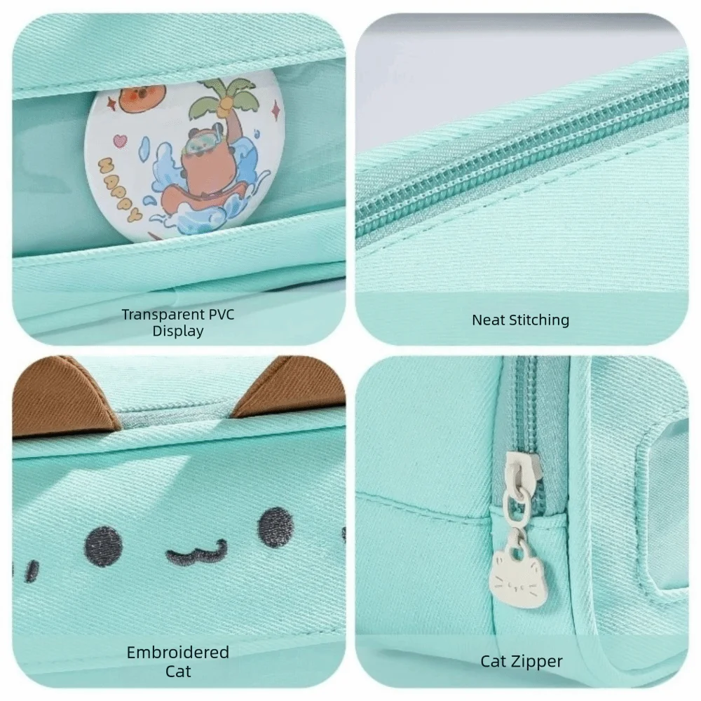 Kawaii Cat Ear Design Pencil Case Transparent Window Polka Dot Pen Bag Large Capacity Multi-Layer Storage Stationery Organizer