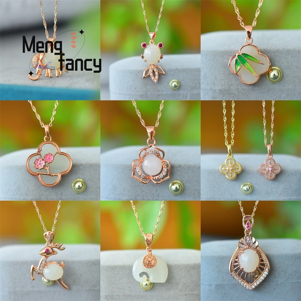 

Copper Inlay Natural Hotan Jade Lucky Little Elephant Deer Koi Pendant Clavicle Chain Niche Design Versatile Luxury Fine Jewelry
