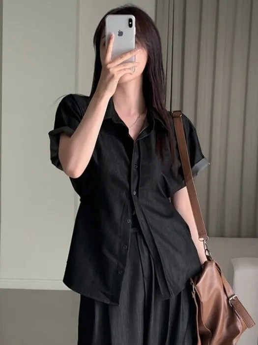 

Summer 2025 Trendy Two-Piece Set Korean Casual Single-Button ort-Sve Denim irt Wide-Leg Pants Ensemble Women's Faion