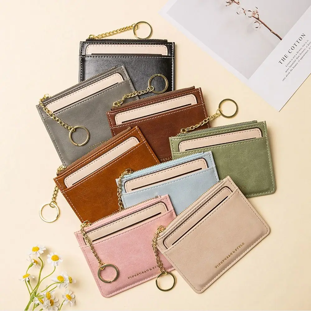 Fashion Design PU Leather Card Bag Thin Purse Card Holder Solid Color Mini Wallet Zipper Coin Purse Travel