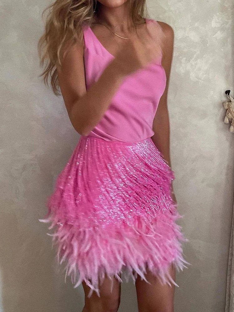 

Fashion Hollow Out Solid Color Party Suit Casual Street Holiday Outfit Lady O-neck Sleeveless Top and Fringe Skirt Two Piece Set