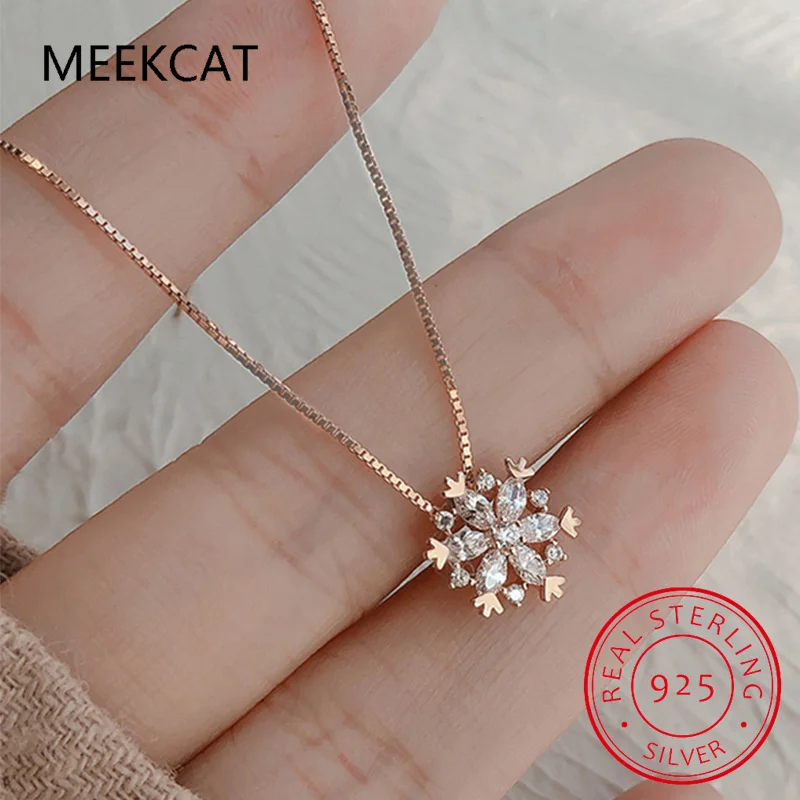 Real 925 Sterling Silver Lucky Snowflake Pendant Necklace for Women Fine Jewelry 2023 New Bijoux Girl Christmas Gifts YGN51