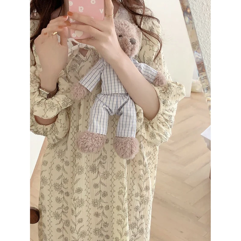 Floral Women Nightgown Korean Style Sleepwear Long Sleeve Night Dress Autumn Lace One Piece Pajamas Home Sleeping Wears New In