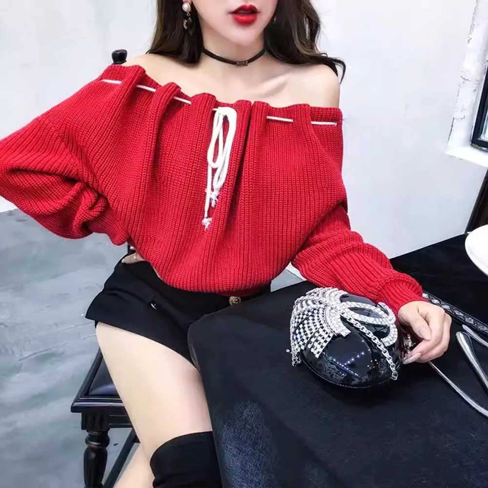Корейские осенние свитера с открытыми плечами, женские пуловеры с длинными рукавами и шнурком, 2024, шикарные свободные вязаные топы с вырезом на шее