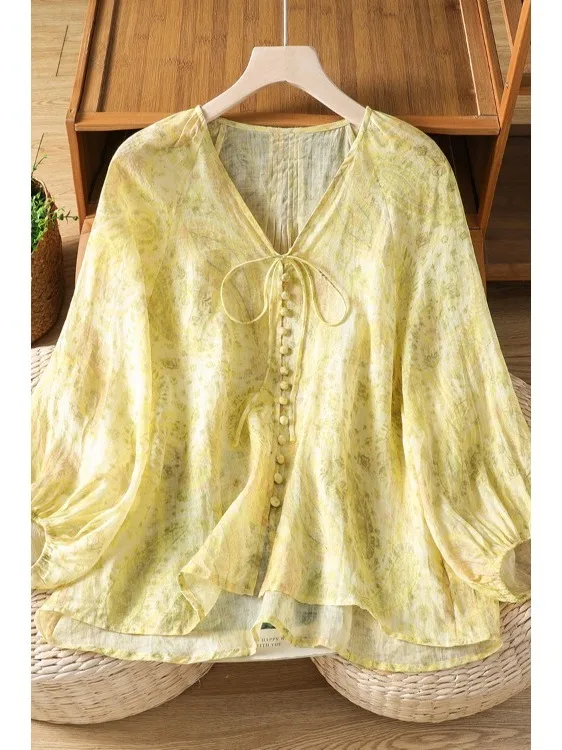 Laid-back Style Gradient Print Long Sleeve V-neck Women's Shirt Summer High-End Feeling Belted Slimming Top