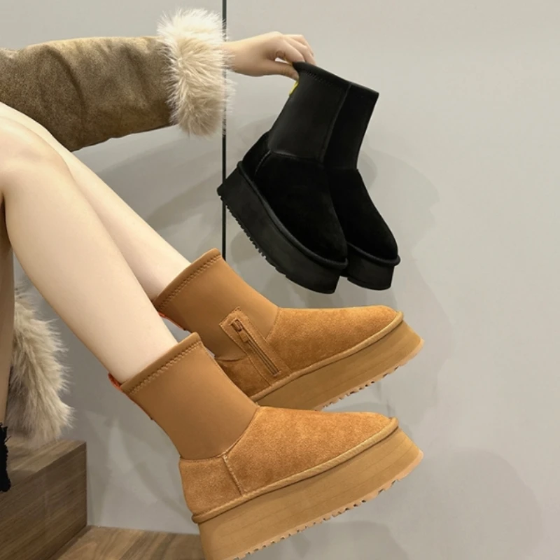 

Women's Snow Boots Korean Stars As Same Style Socks Boots Genuine Leather Thick Sole Cotton Plush Mid length Pencil Ladies Shoes