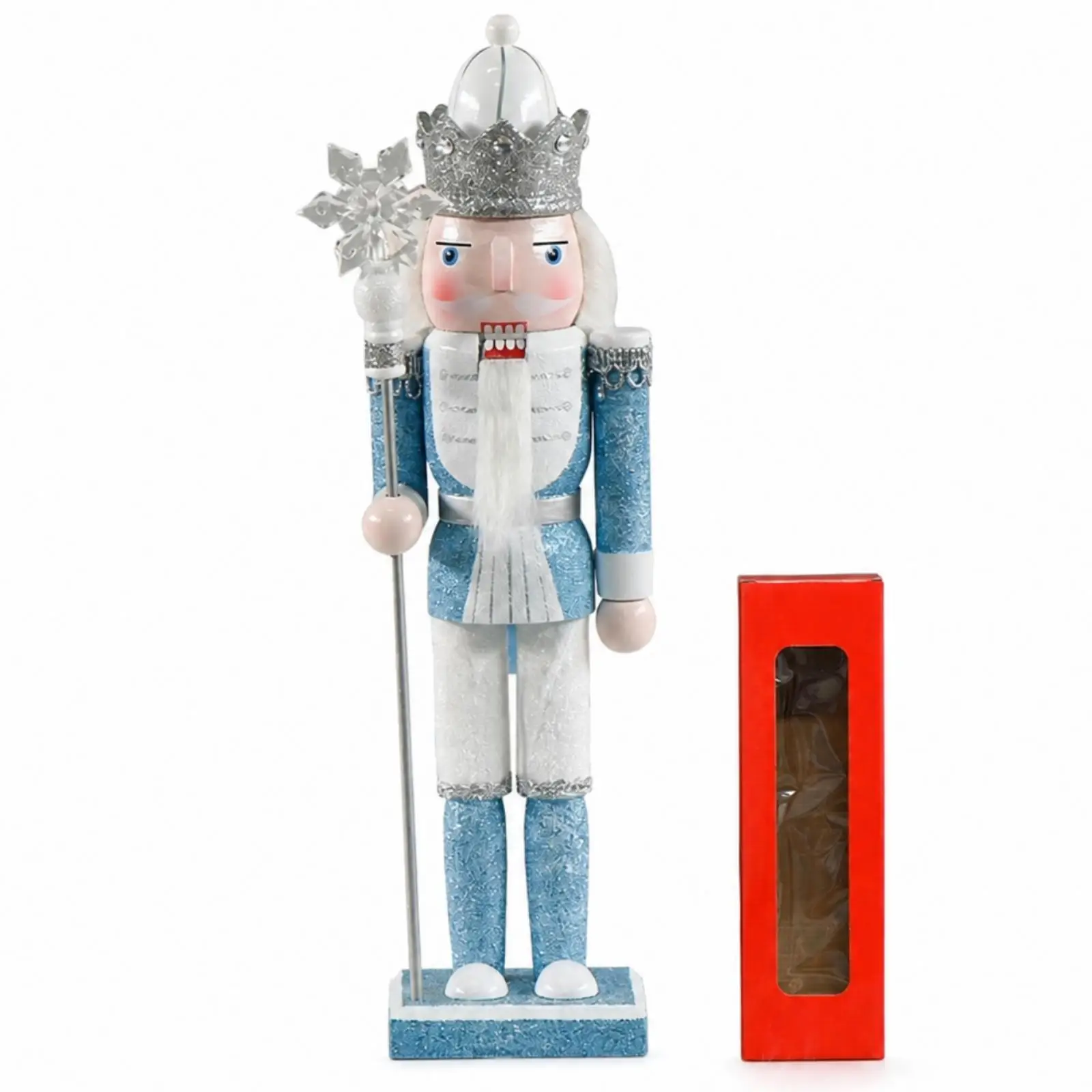 Christmas Nutcracker Decorative Wooden Statue Glittered Blue White Beard Classic Vintage Ornament for Home Shelf Display