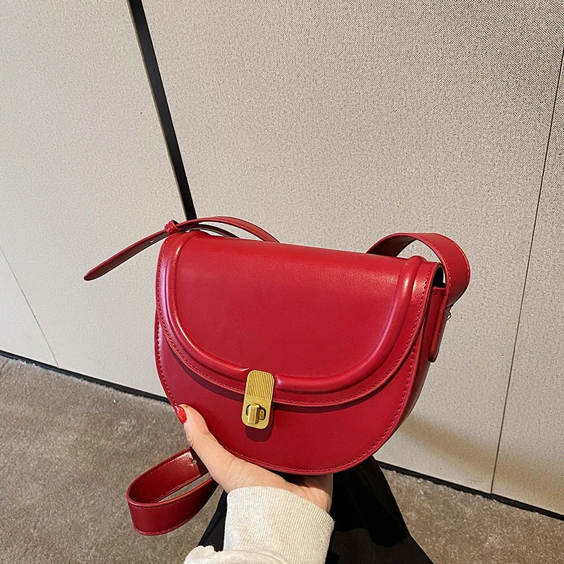 

Vintage Saddle Women's Simple PU Leather Crossbody Autumn Winter Solid Colour Shoulder Bag Female Luxury Messenger Bag