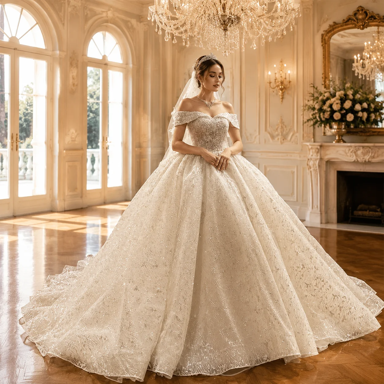 Maßgeschneiderte luxuriöse Ballkleid-Brautkleider, schulterfreies Spitzen-Brautkleid mit kleiner Schleppe, offiziell von AmandaNovias
