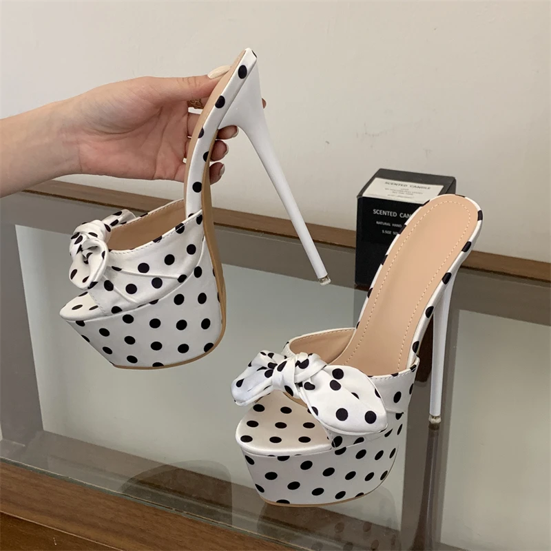 Eilyken Designer Butterfly-kont Polka Dot Women Slippers Sexy Extreme Stiletto High Heels Striptease Party Shoes